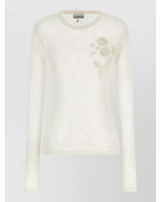 Ganni White Pointelle Knit Sweater Floral Embroidery Sheer