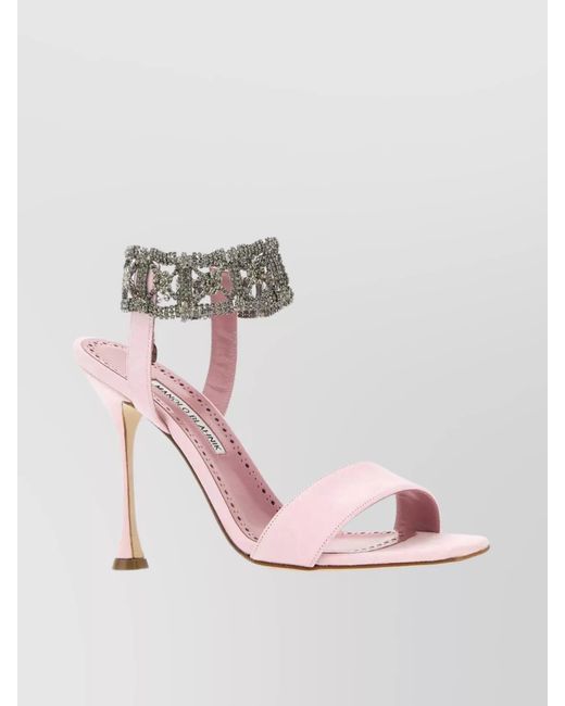 Manolo Blahnik Pink Suede Leather Jewel-Embellished Sandals