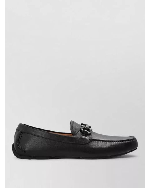 Ferragamo Black Leather Driving Loafers Metal Detail Rubber Sole for men
