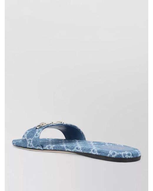 Gucci Blue Flat Sandals Open Toe Patterned Fabric Hardware