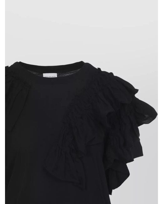 Dries Van Noten Black Humey Jersey T Shirt Round Neckline Ruffles
