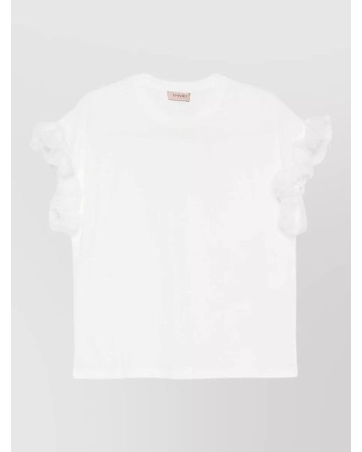Twinset White Silk Blend Top Crew Neck Ruffle Sleeves