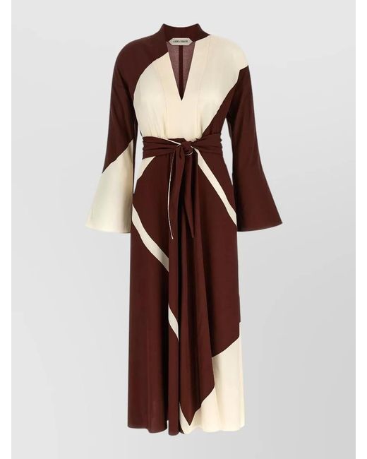 Alberta Ferretti Multicolor Dress V Neckline Long Sleeves Belted Waist