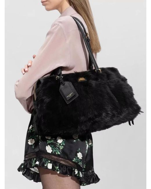 Dolce & Gabbana Black Vittoria Tote Bag Top Handle Fur
