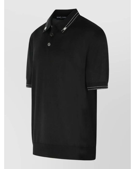 Dolce & Gabbana Black Silk Polo Shirt Contrast Stitching Ribbed Cuffs for men