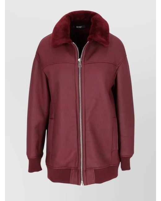 LA ROSE Red Bomber Jacket Long Shearling Leather