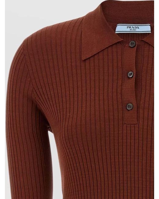 Prada Brown Stretch Cotton Polo Ribbed Knit Shirt