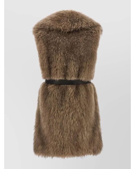 Blancha Brown Belted Faux Fur Sleeveless Mid Length Vest