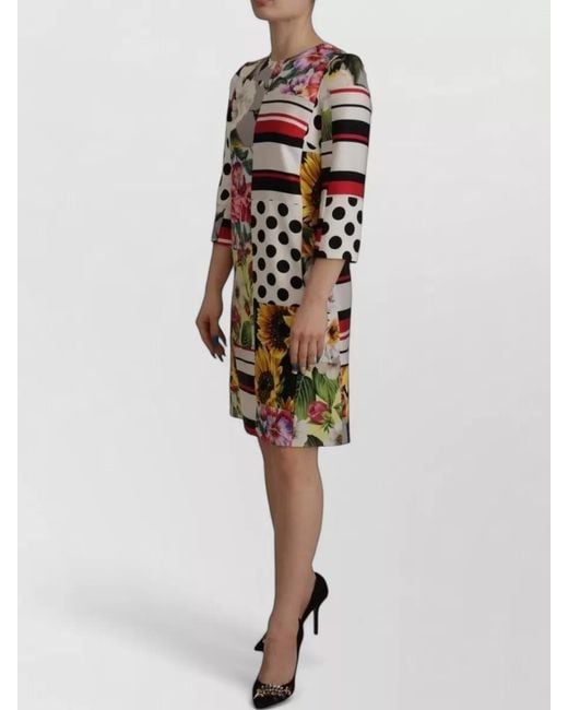 Dolce & Gabbana Gray Silk Floral Patchwork Knee-Length Dress