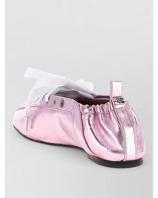Ganni Pink Lace Up Ballerina Flats Metallic Detail