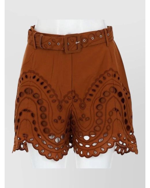 Charo Ruiz Brown Dune Shorts Belted Waist Eyelet Scalloped Hem