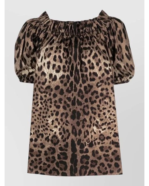 Dolce & Gabbana Brown Leopard-Print Cotton Short-Sleeve Blouse