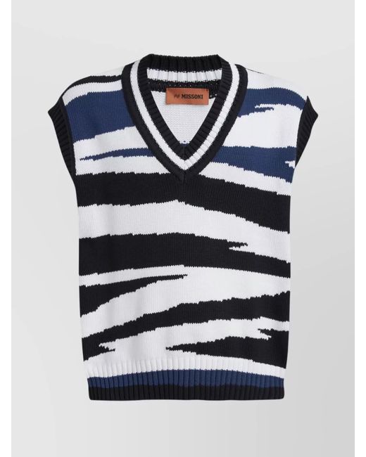 Missoni Blue Ribbed V-Neck Cotton Patterned Vest for men