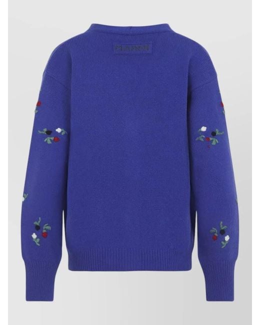 Marni Blue Cashmere Wool Floral Embroidered V-Neck Cardigan