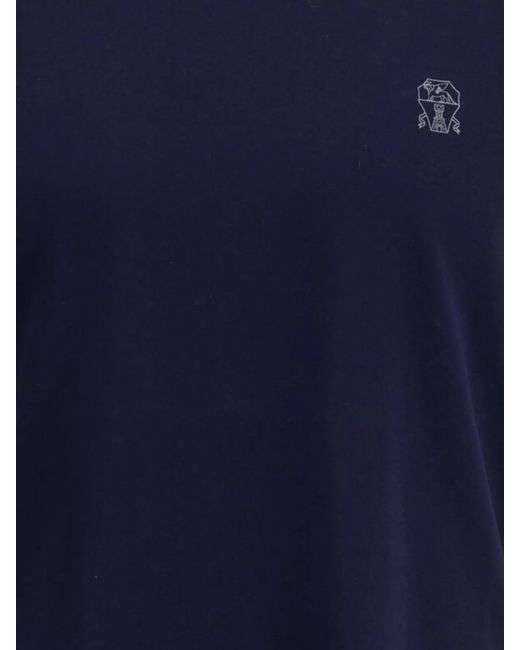 Brunello Cucinelli Blue Cotton Logo Print Crew Neck Short Sleeve T-Shirt for men