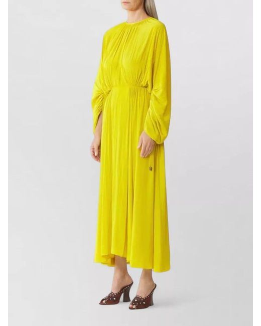 Lanvin Yellow Draped Gathered Long-Sleeve Crew-Neck Midi Dress