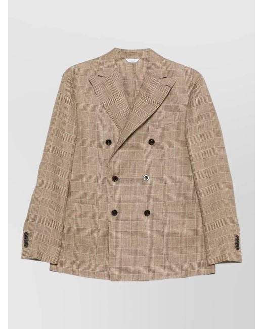 Boglioli Natural Linen Double Breasted Checked Peak Lapel Jacket for men