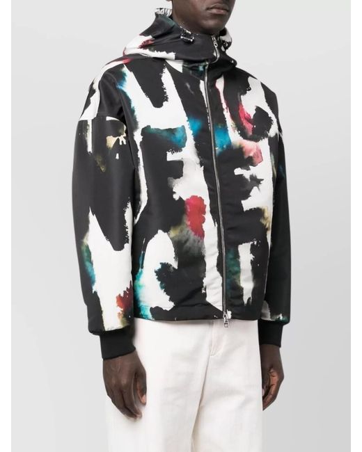 McQueen Black Graffiti-Print Hooded Windbreaker Jacket for men