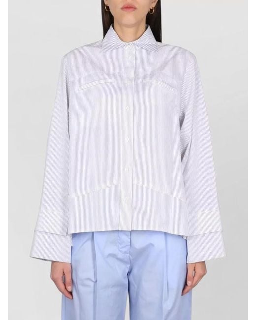 Jejia White Shirt Collared Neck Long Cuffed Sleeves Stripes