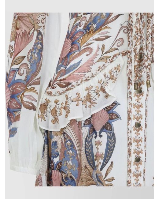 Farm Rio White Floral Long Sleeve Tiered Ruffle V Neck Dress