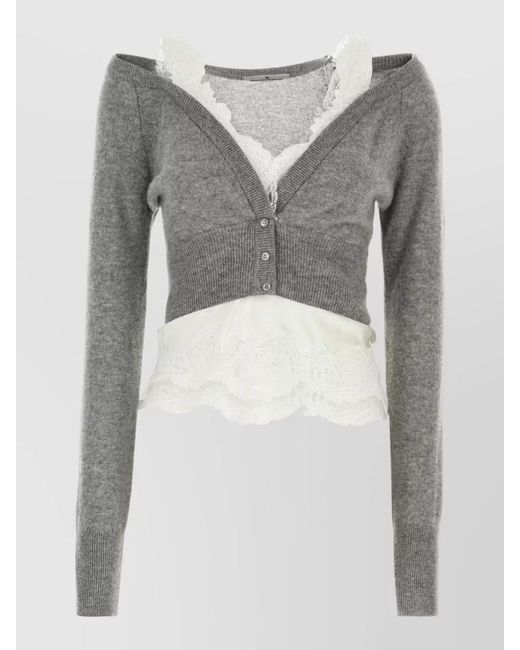 Ermanno Scervino Gray Cashmere Stretch Silk Off Shoulder Top Lace
