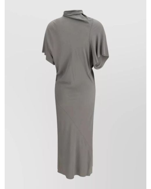 Rick Owens Gray Silk Asymmetric Gathered High-Neck Midi Dress