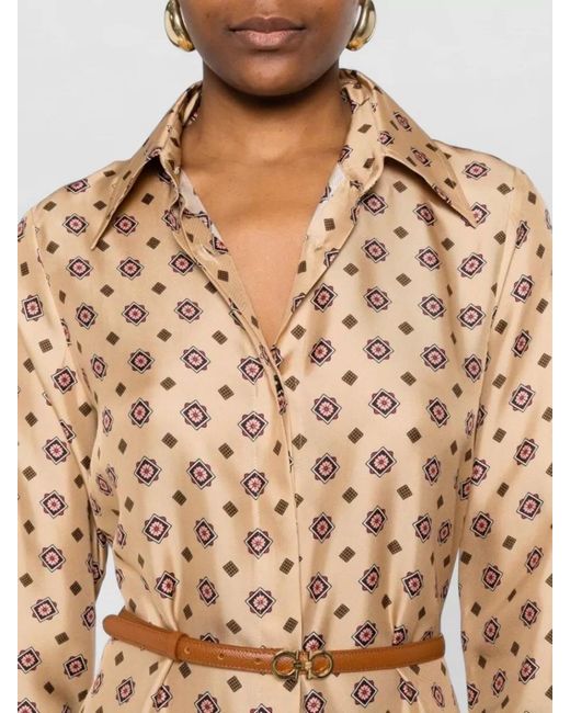 Alberto Biani Natural Silk Printed Long-Sleeve Shirt Midi Dress