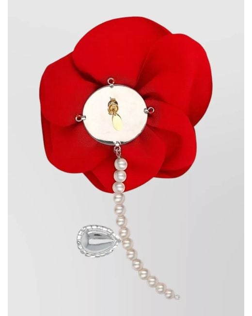 Magda Butrym Red Crystal Rose Brooch Featuring Pearl Detail