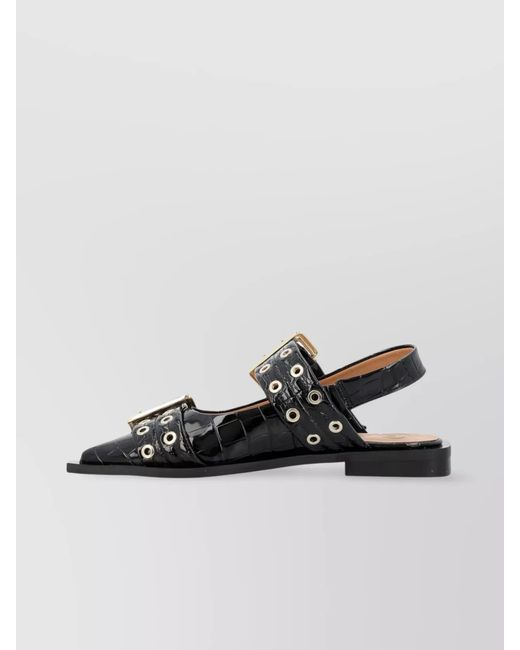 Ganni Black Patent Buckle Slingback Ballerina Shoes