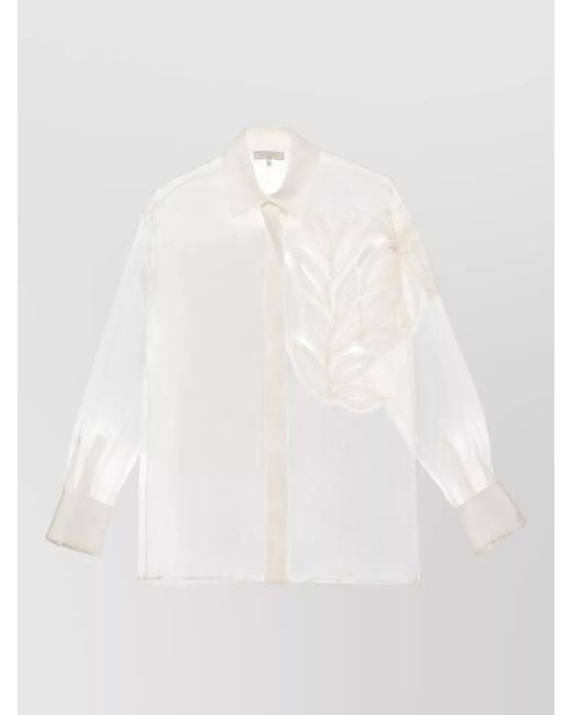 Antonelli White Silk Shirt Bead Front Embroidery Collar