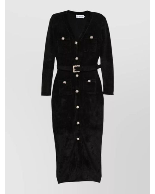 Self-Portrait Black Long Dress Belted Textured Fabric Pockets