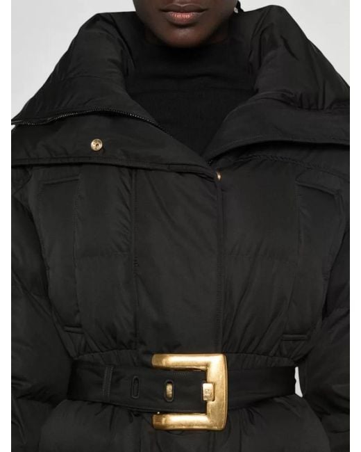 Balmain Black Quilted Hooded Coat Belt Waist Hardware