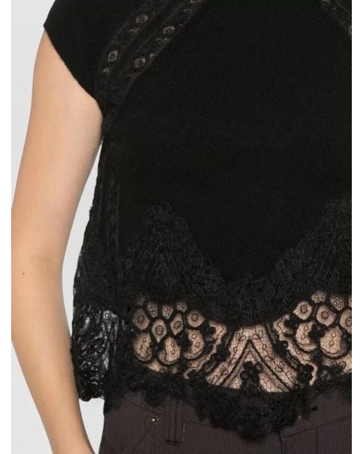 Ermanno Scervino Black Lace Trim Cashmere Knit Cropped Top