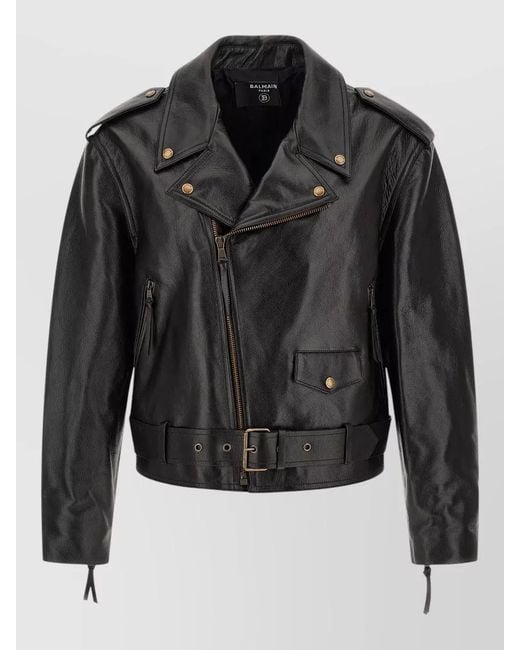 Balmain Black Belted Biker Jacket Tone Hardware for men