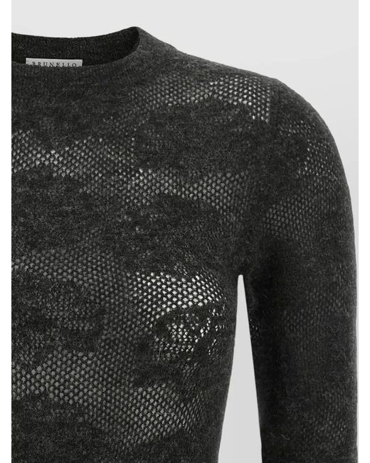 Brunello Cucinelli Black Flower Lace Knit Crew Neck Sweater
