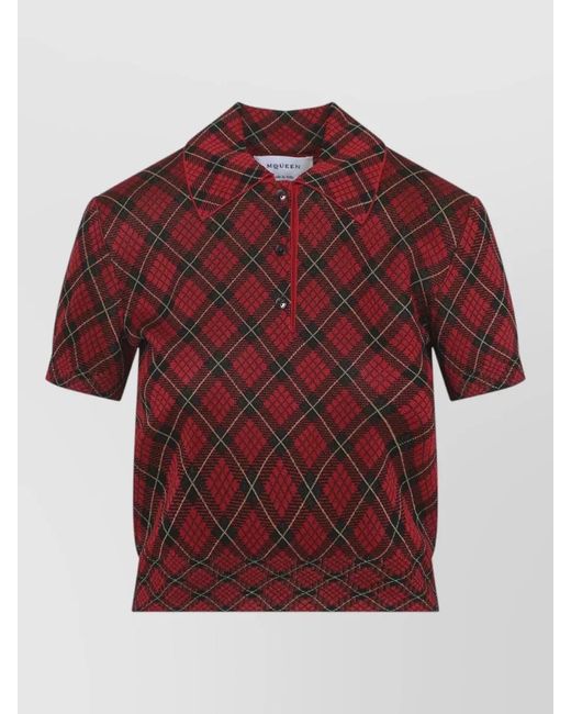 McQueen Red Microcheck Polo Shirt Lurex Collar Detail