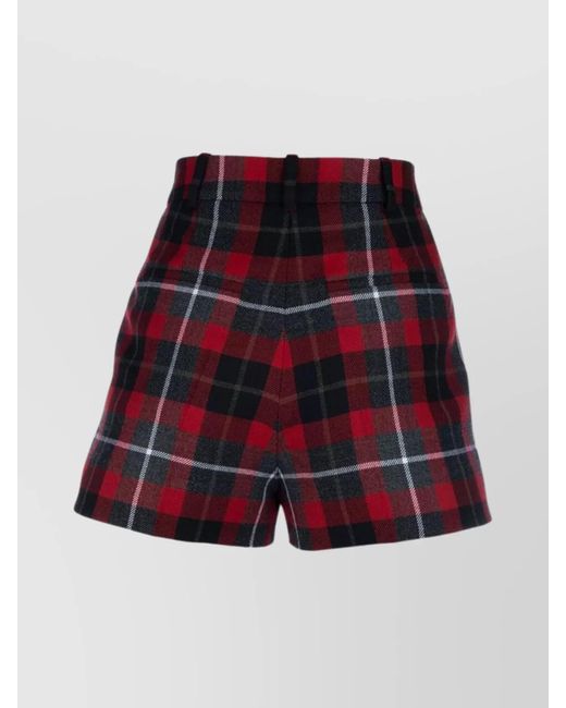 Dior Red High Waist Plaid Pattern Shorts With Belt Loops And Side Pockets