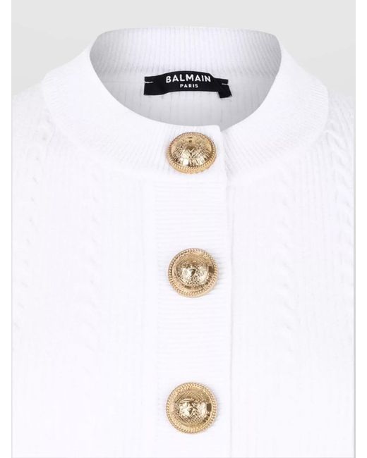 Balmain White Ribbed Short-Sleeve Knitted Cardigan