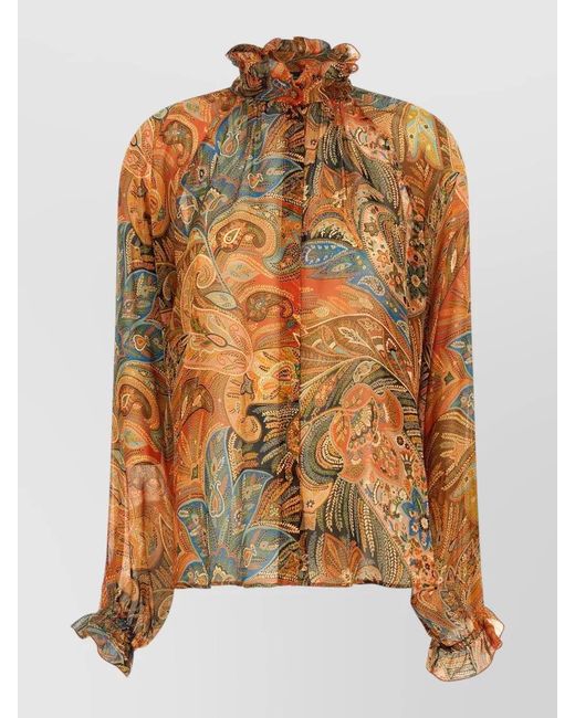 Etro Brown Sheer Chiffon Shirt Paisley Ruffle Neckline
