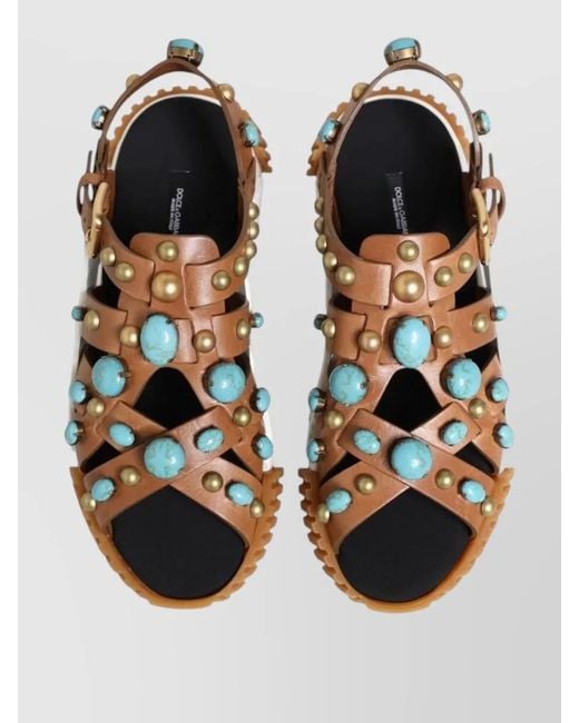 Dolce & Gabbana Brown Leather Studded Slides Sandals Open Toe for men
