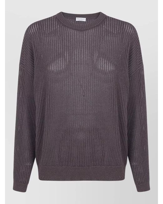 Brunello Cucinelli Gray Crew Neck Sweater Long Sleeve Sheer Ribbed