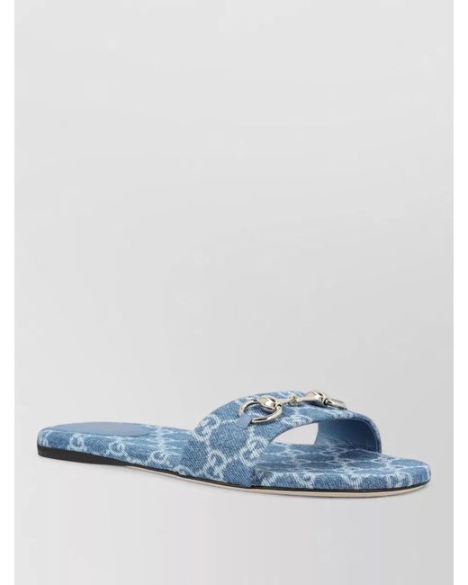 Gucci Blue Flat Sandals Open Toe Patterned Fabric Hardware