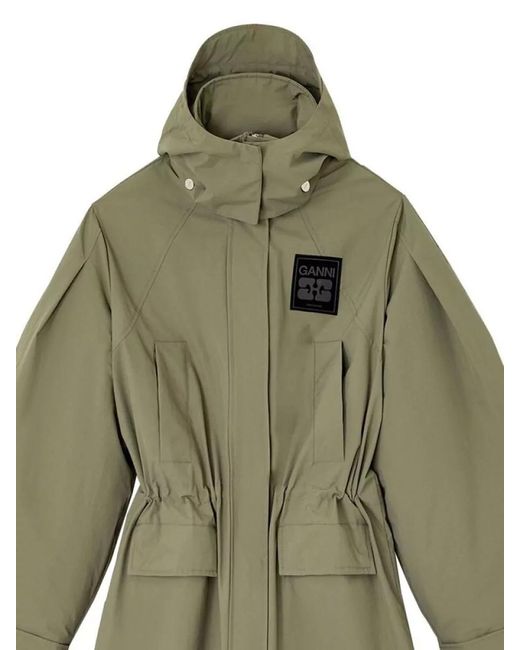 Ganni Green Recycled Nylon Long Hooded Coat Adjustable Waist