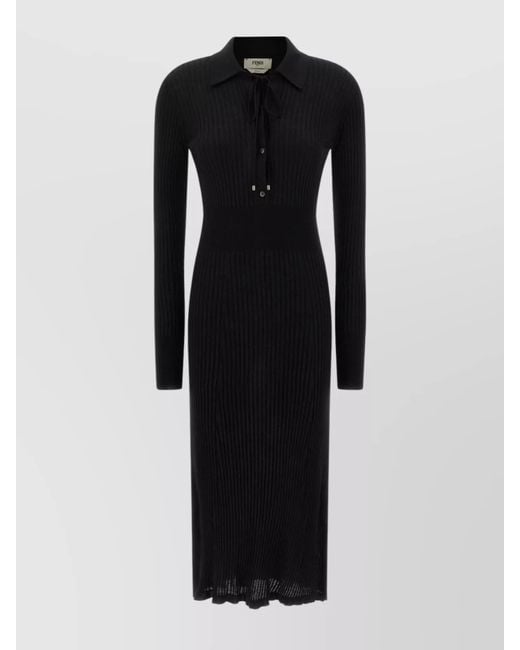 Fendi Black Wool Fitted Midi Dress