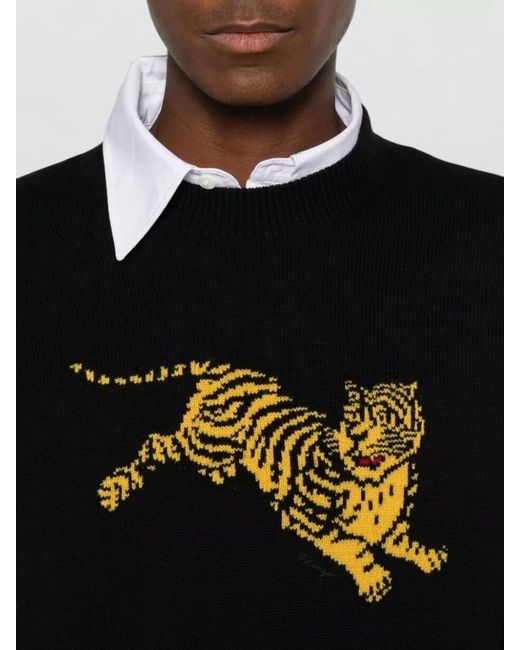 KENZO Black Tiger Motif Crew Neck Knit Sweater for men