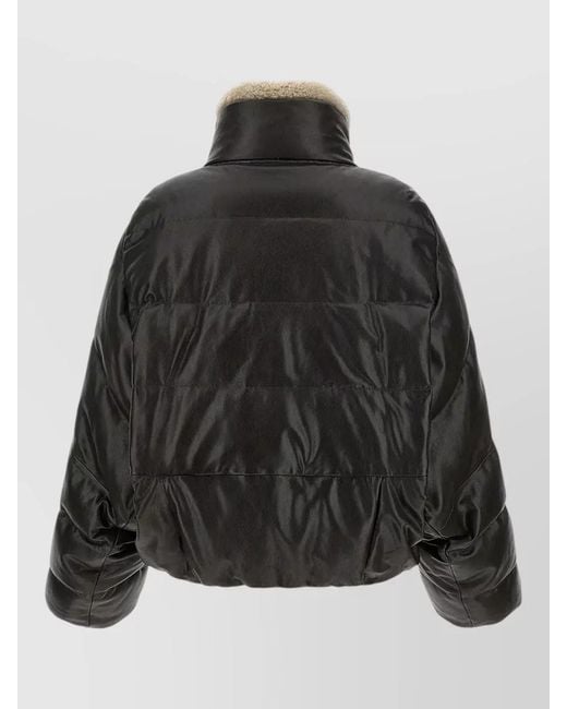 Brunello Cucinelli Black Padded Leather Jacket High Collar Sleeves