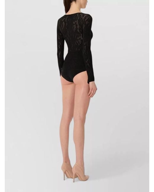 Wolford Black Rose Lace Long Sleeve Scoop Bodysuit