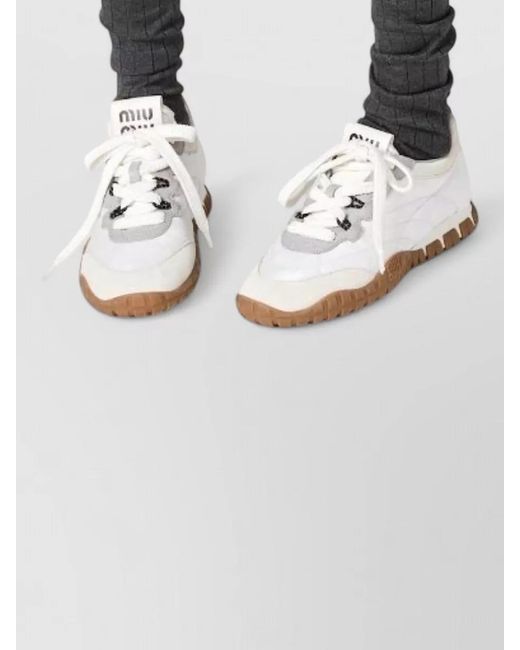 Miu Miu White Nylon Suede Lace Up Shoes Contrast Panels