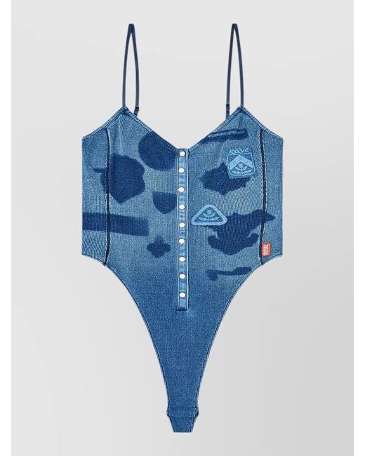 DIESEL Blue Jersey Bodysuit Ribbed Shadow Patch Effect