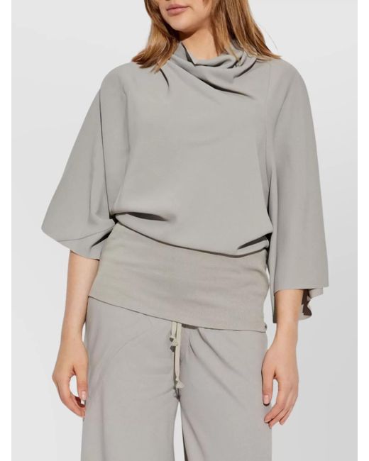 Rick Owens Gray Draped Cowl Neck Three Quarter Sleeve Knitted Top